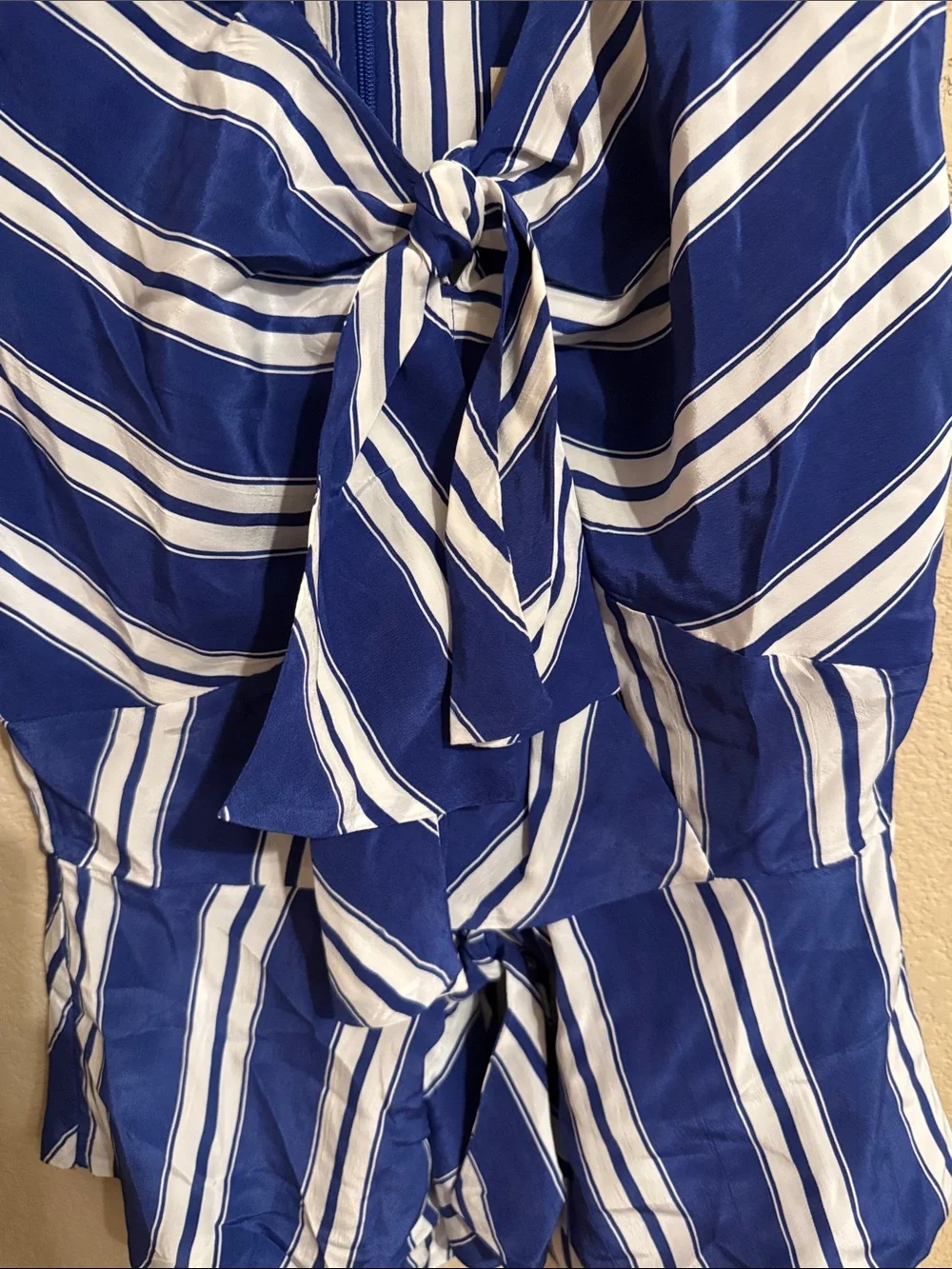NWT J.Crew Size 4 Blue White Stripe 3 Tie Front Peplum Top Silk Feel, Lined